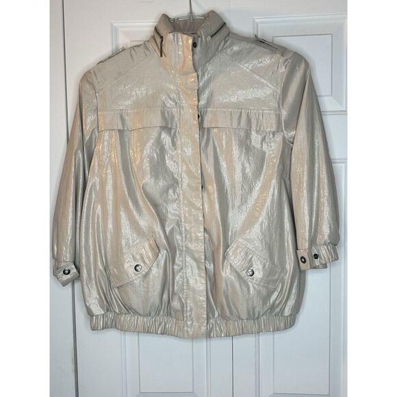 Chico's Metallic Shimmer Utility Jacket Womens Sz 2 (L) Champagne Hooded Hidden - Picture 1 of 15